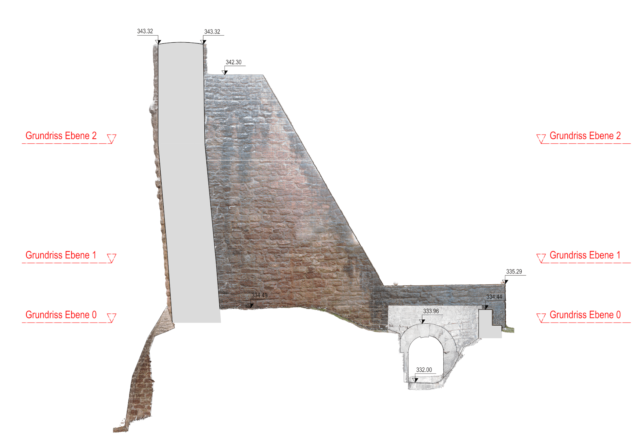 Fassaden-Ansicht-mit-farbiger-Punktwolke-CAD-Plan-CAD-Modellierung-Fassadenplan-Fassadenansicht-Ergebnis-3D-Drohnenvermessung-einer-Burgruine-Burg-Vermessung