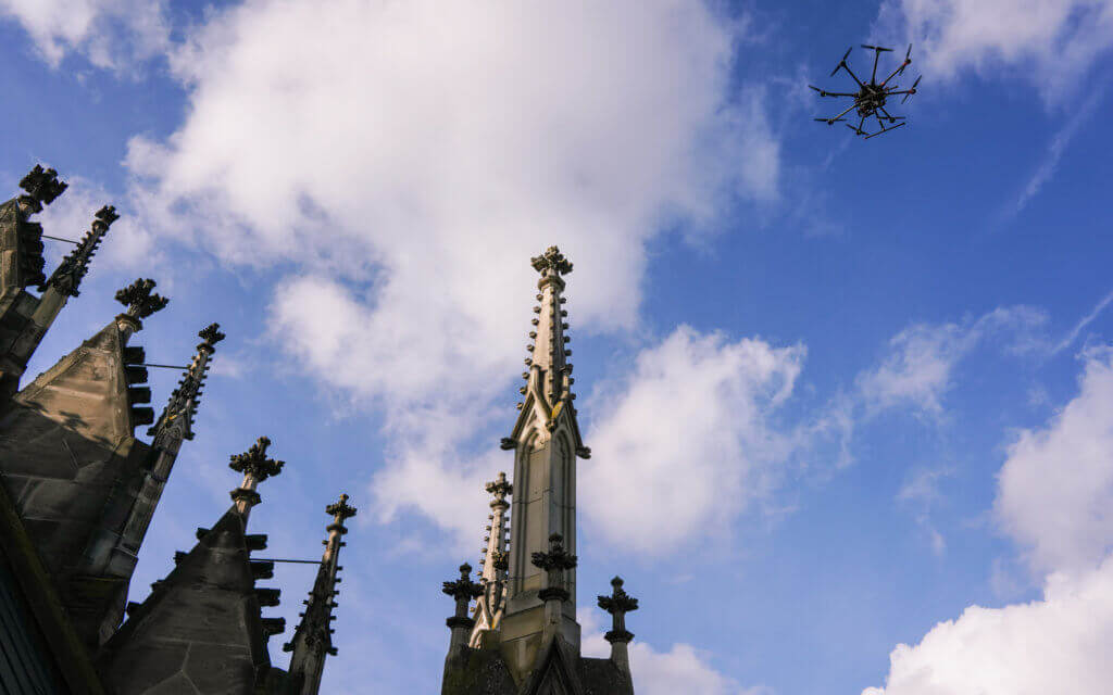 Drone-Church-Facade-Church-Tower-Monument-Surveying-UAV-Monument Protection-Digitization-Cultural Property-3D-Surveying-Inspection-Damage Checking-Documentation-3D-Modeling